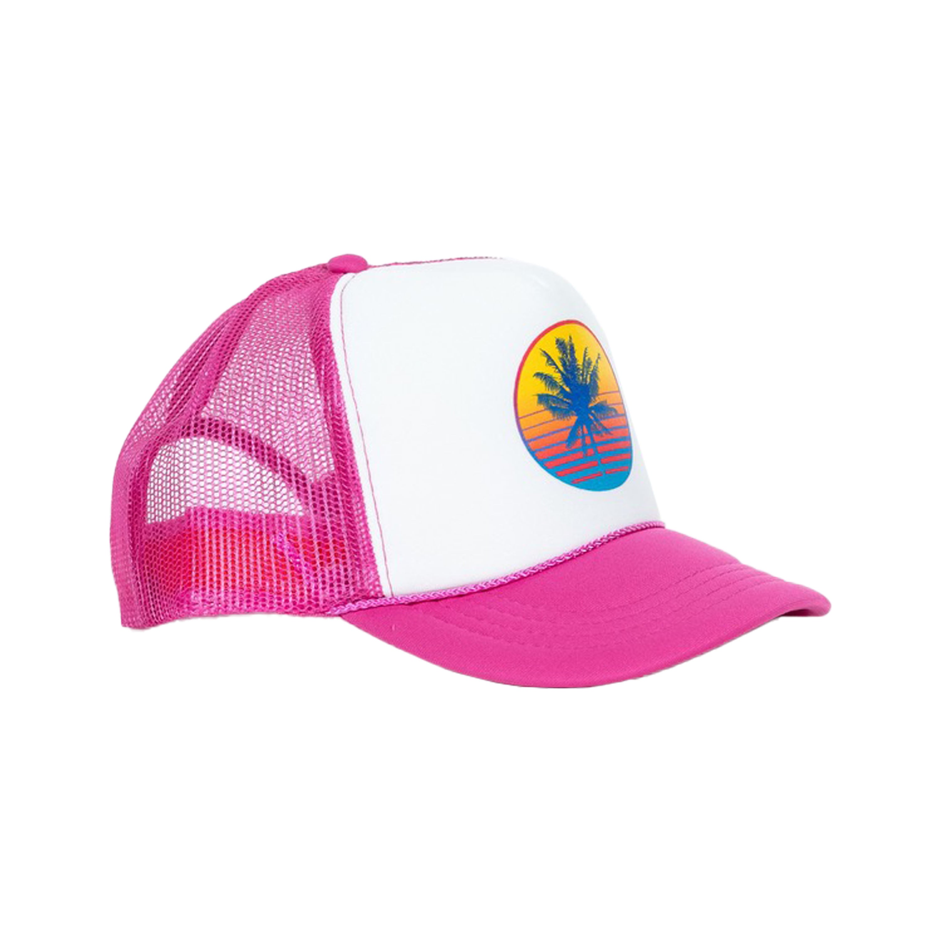 kids trucker hat sunset palms pink