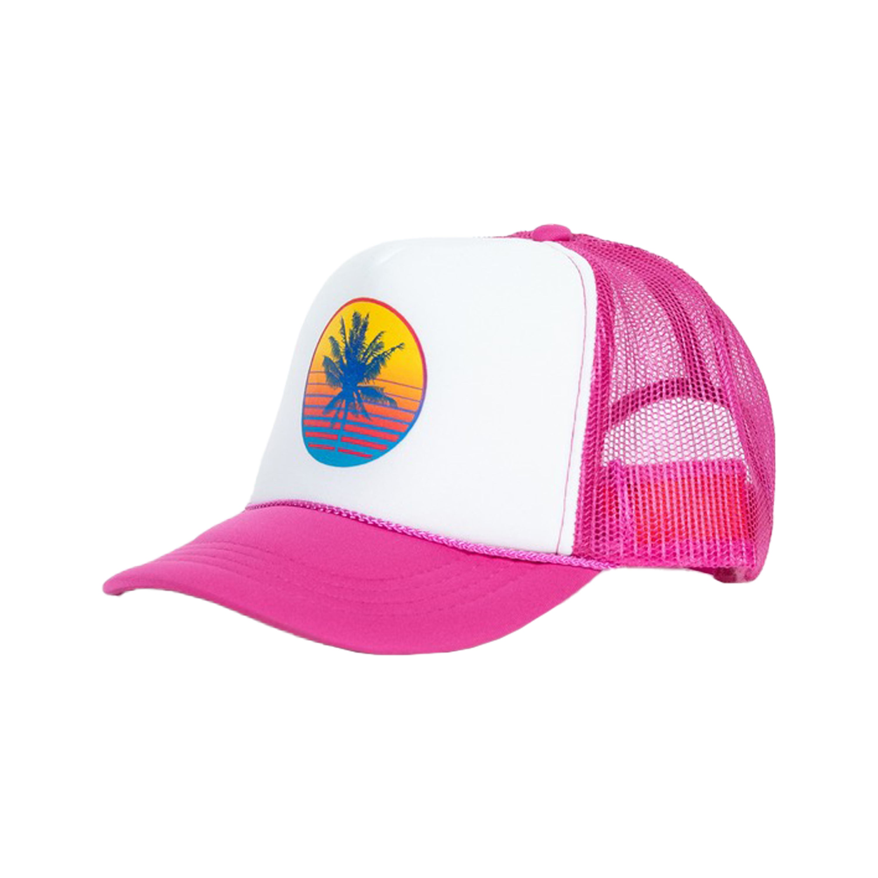 kids trucker hat sunset palms pink